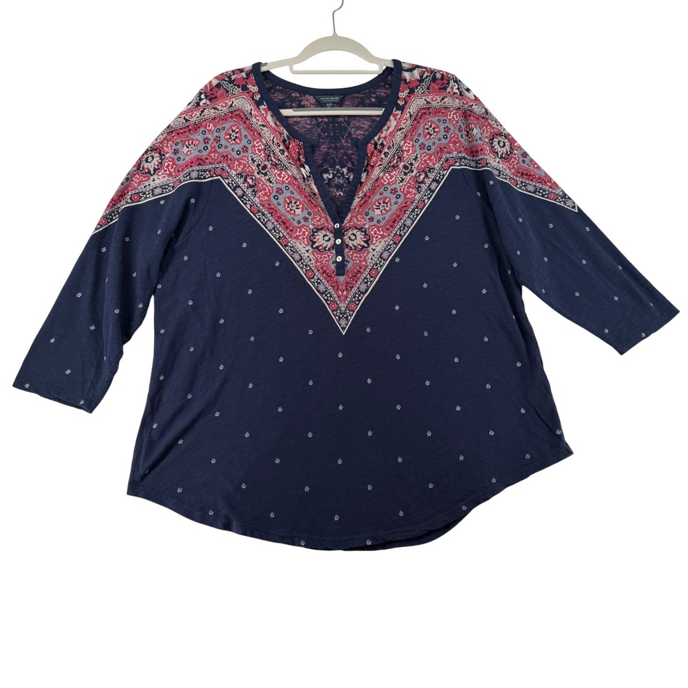 Lucky Brand Henley Top Bandana Print 100% Cotton Women 2X Blue Boho Medallion